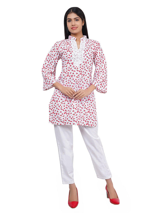 Trendzmy Women White and Red Floral Printed Straight Kurta XXXL