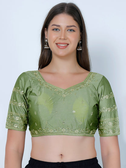 Trendzmy booty work Light Mehndi Cotton Silk Blouse