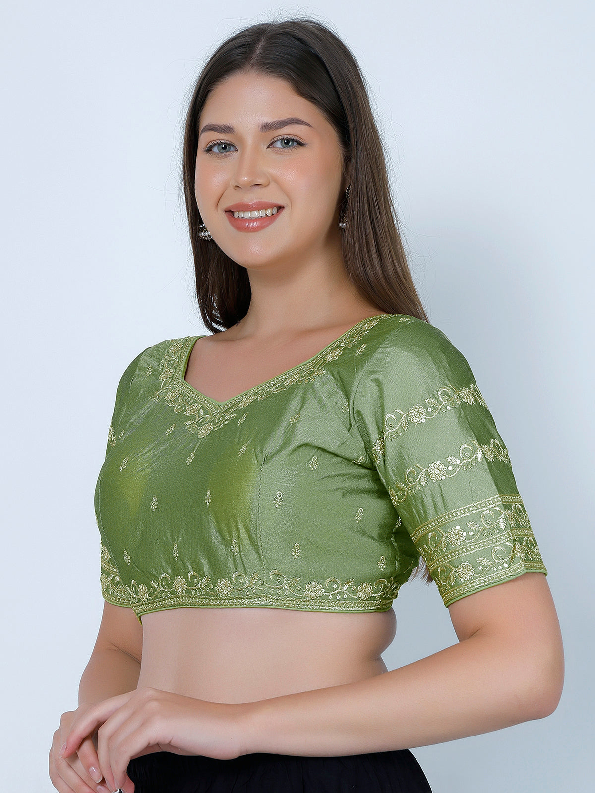 Trendzmy booty work Light Mehndi Cotton Silk Blouse