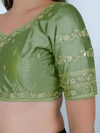 Trendzmy booty work Light Mehndi Cotton Silk Blouse