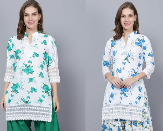 Trendzmy Pack of 2 Women Floral Print Cotton Blend Straight Kurta  (Green, Blue)