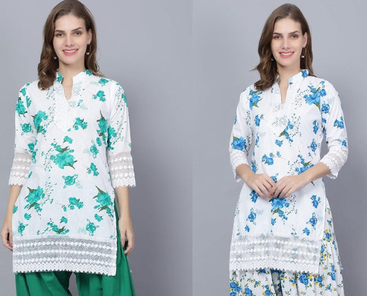 Trendzmy Pack of 2 Set Women Floral Print Cotton Blend Straight Kurta (Green, Blue) XXXL