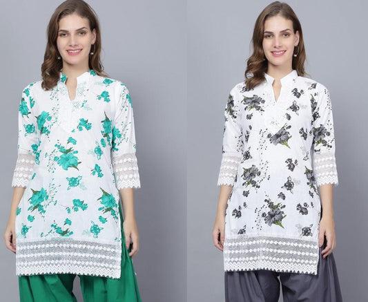 Trendzmy Pack of 2 Set Women Floral Print Cotton Blend Straight Kurta (Green, Grey) XXXL