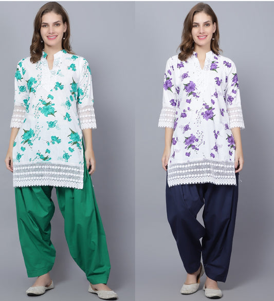 Trendzmy Pack of 2 Women Floral Print Cotton Blend Straight Kurta  (Green, Purple)