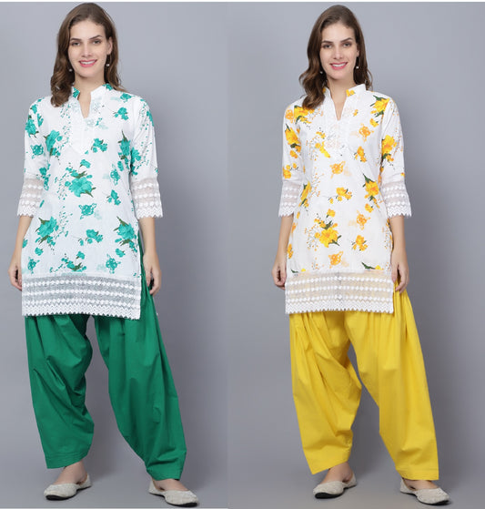 Trendzmy Pack of 2 Women Floral Print Cotton Blend Straight Kurta  (Green, Yellow)