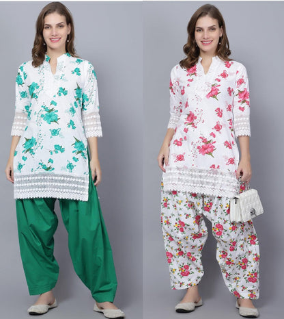 Trendzmy Pack of 2 Set Women Floral Print Cotton Blend Straight Kurta (Green, Red) XXXL