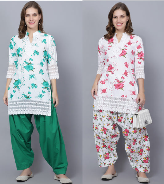 Trendzmy Pack of 2 Set Women Floral Print Cotton Blend Straight Kurta  (Green, White)