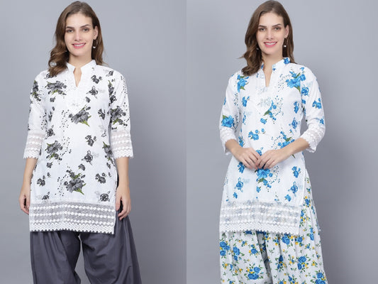 Trendzmy Pack of 2 Women Floral Print Cotton Blend Straight Kurta  (Grey, Blue)