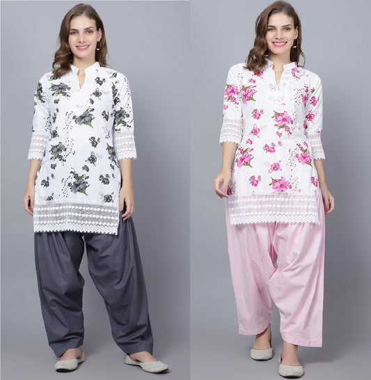 Trendzmy Pack of 2 Women Floral Print Cotton Blend Straight Kurta  (Grey, Pink)