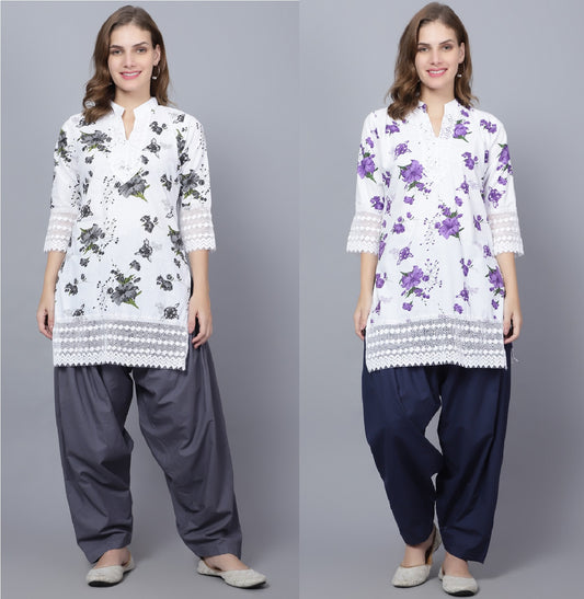 Trendzmy Pack of 2 Women Floral Print Cotton Blend Straight Kurta  (Grey, Purple)