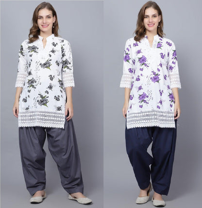 Trendzmy Pack of 2 Set Women Floral Print Cotton Blend Straight Kurta (Grey, Purple) XXXL