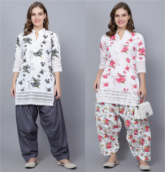 Trendzmy Pack of 2 Set Women Floral Print Cotton Blend Straight Kurta  (Grey, Red)