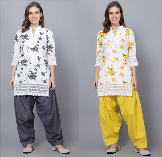 Trendzmy Pack of 2 Women Floral Print Cotton Blend Straight Kurta  (Grey, Yellow)