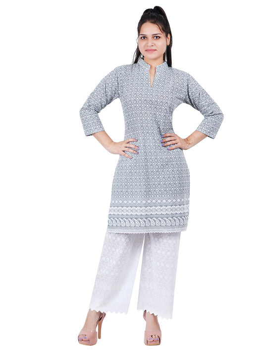 Trendzmy Women Grey Chicken Embroidered Straight Kurta