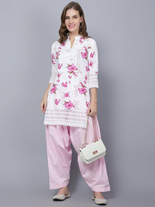 Trendzmy Women Apple Cut Pink Floral Print Pure Cotton Straight Kurta XXXL