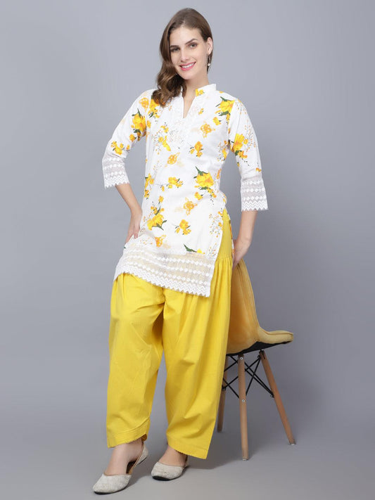 Trendzmy Women Apple Cut Yellow Floral Print Pure Cotton Straight Kurta XXXL