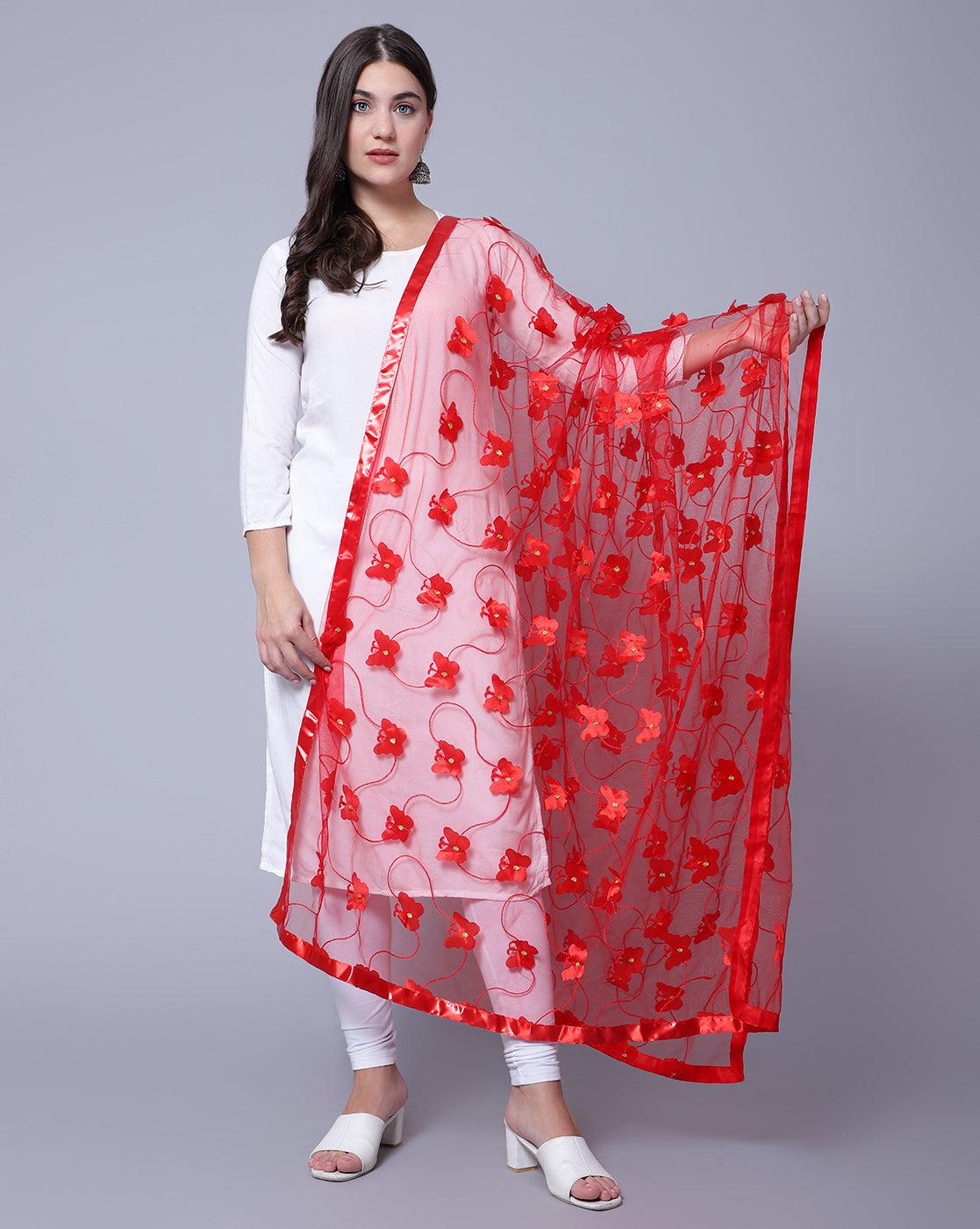 Trendzmy Net Self Design Butterfly Red Women Dupatta Default Title