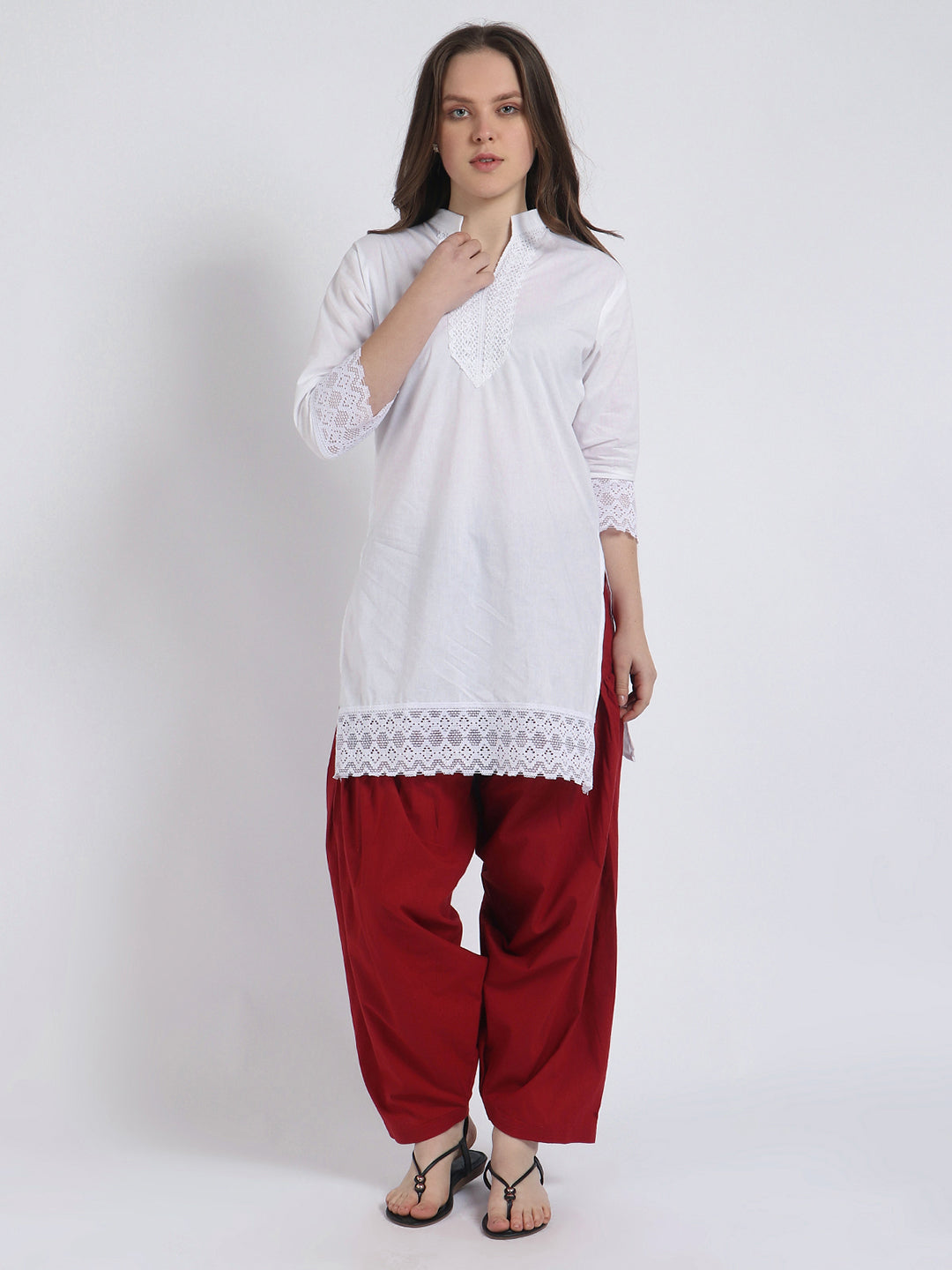 Trendzmy Women Solid White Kurta and Maroon Salwar Set Pure Cotton