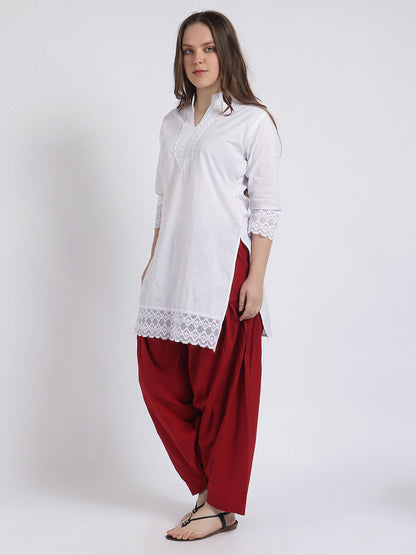 Trendzmy Women Solid White Kurta and Maroon Salwar Set Pure Cotton