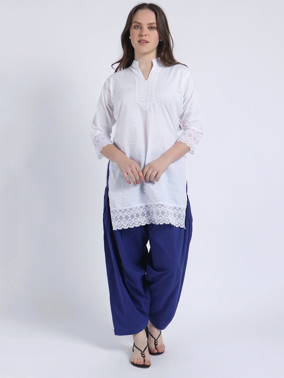 Trendzmy Women Solid White Kurta and Blue Salwar Set Pure Cotton