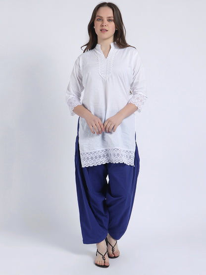 Trendzmy Women Solid White Kurta and Blue Salwar Set Pure Cotton