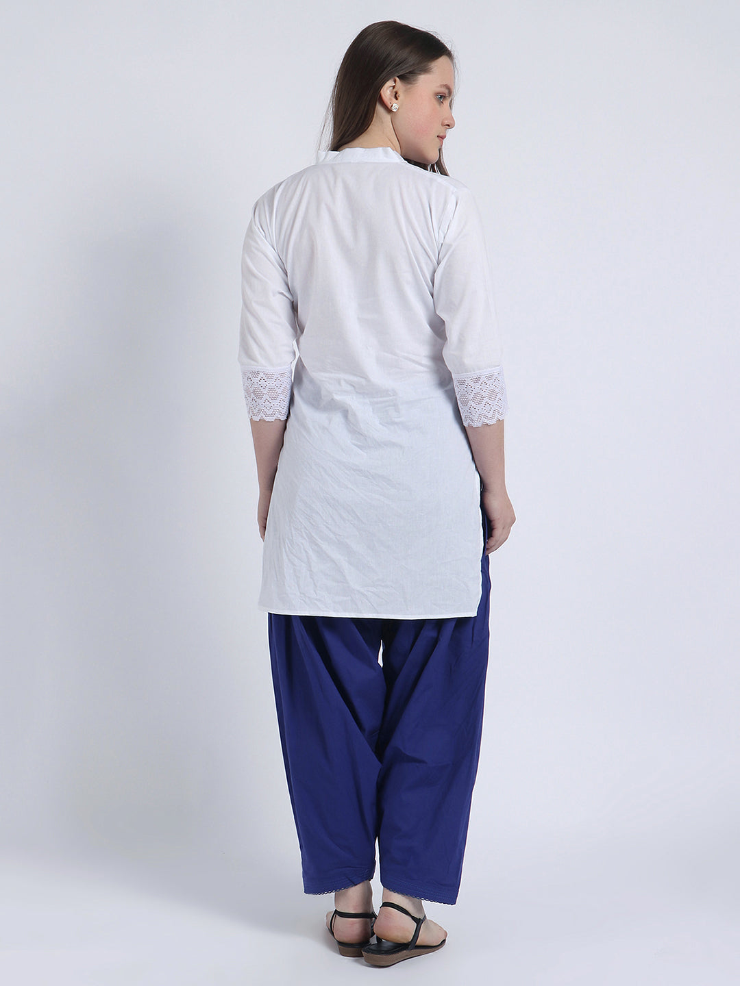 Trendzmy Women Solid White Kurta and Blue Salwar Set Pure Cotton