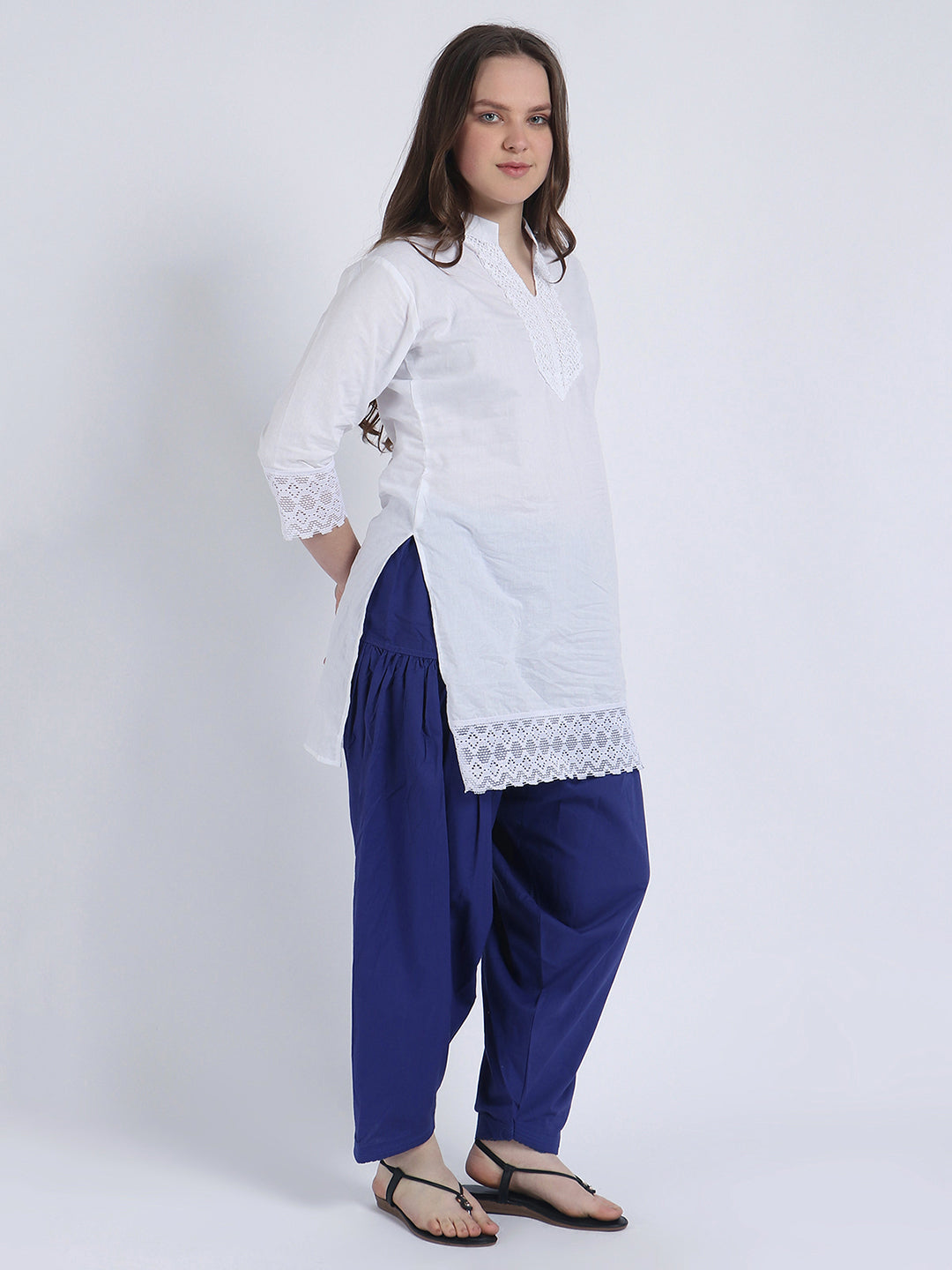 Trendzmy Women Solid White Kurta and Blue Salwar Set Pure Cotton