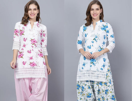 Trendzmy Pack of 2 Set Women Floral Print Cotton Blend Straight Kurta (Pink, Blue) XXXL