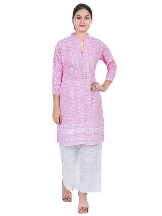 Trendzmy Women Pink Chicken Embroidered Straight Kurta