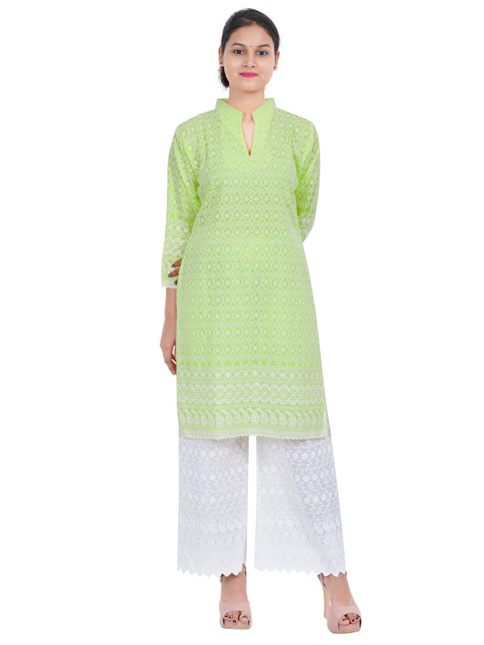 Trendzmy Women Pista Green Chicken Embroidered Straight Kurta