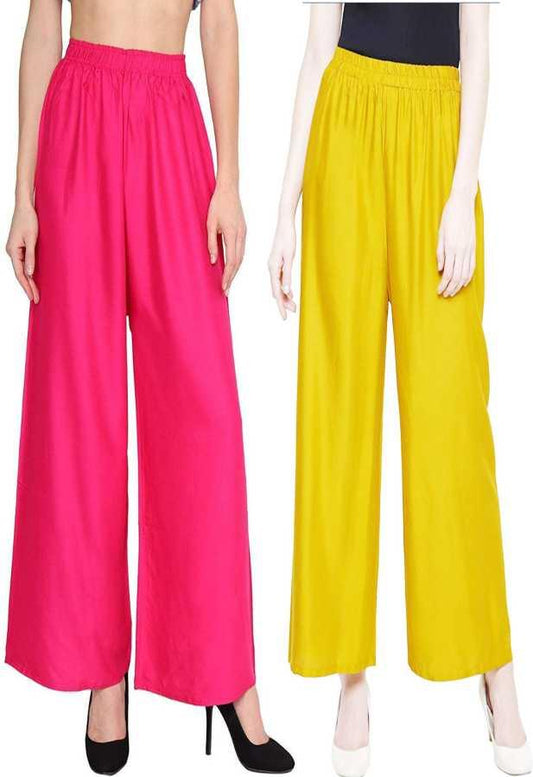 Trendzmy Woman's Rayon Pink And Yellow Plain Palazzo Default Title