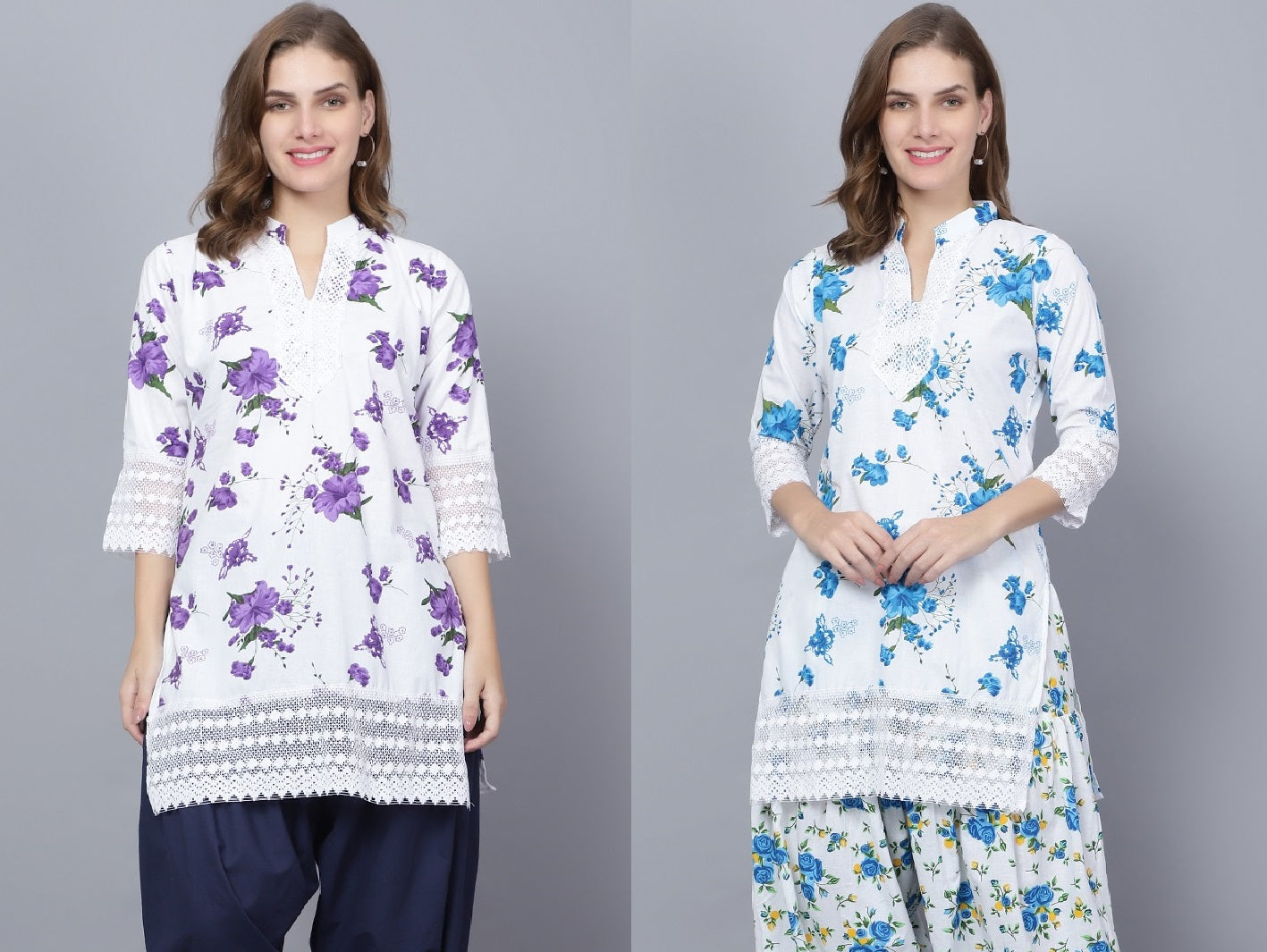 Trendzmy Pack of 2 Women Floral Print Cotton Blend Straight Kurta  (Purple, Blue)