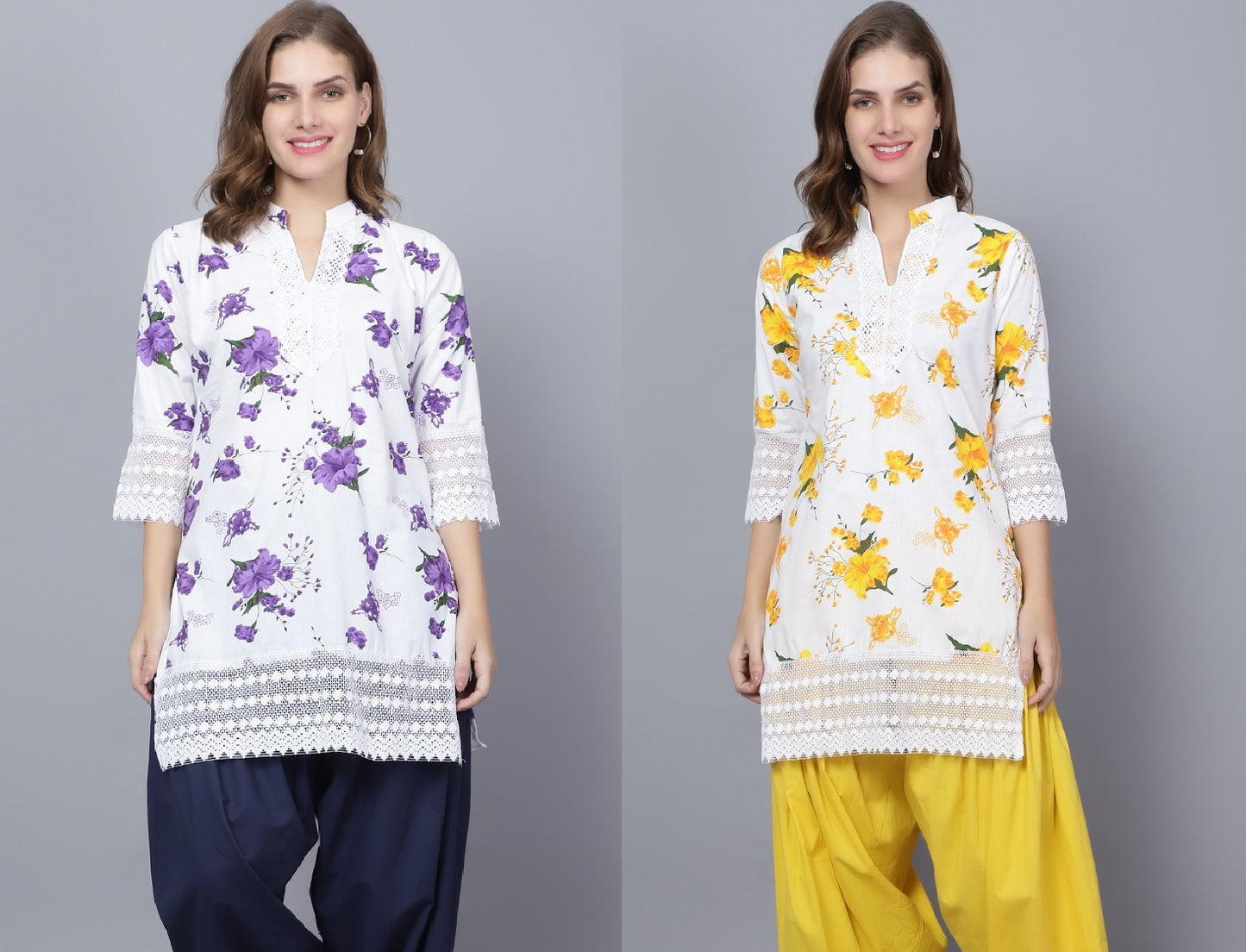 Trendzmy Pack of 2 Women Floral Print Cotton Blend Straight Kurta  (Purple, Yellow)