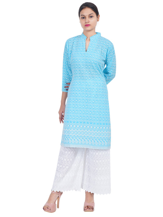 Trendzmy Women Sky Blue Chicken Embroidered Straight Kurta