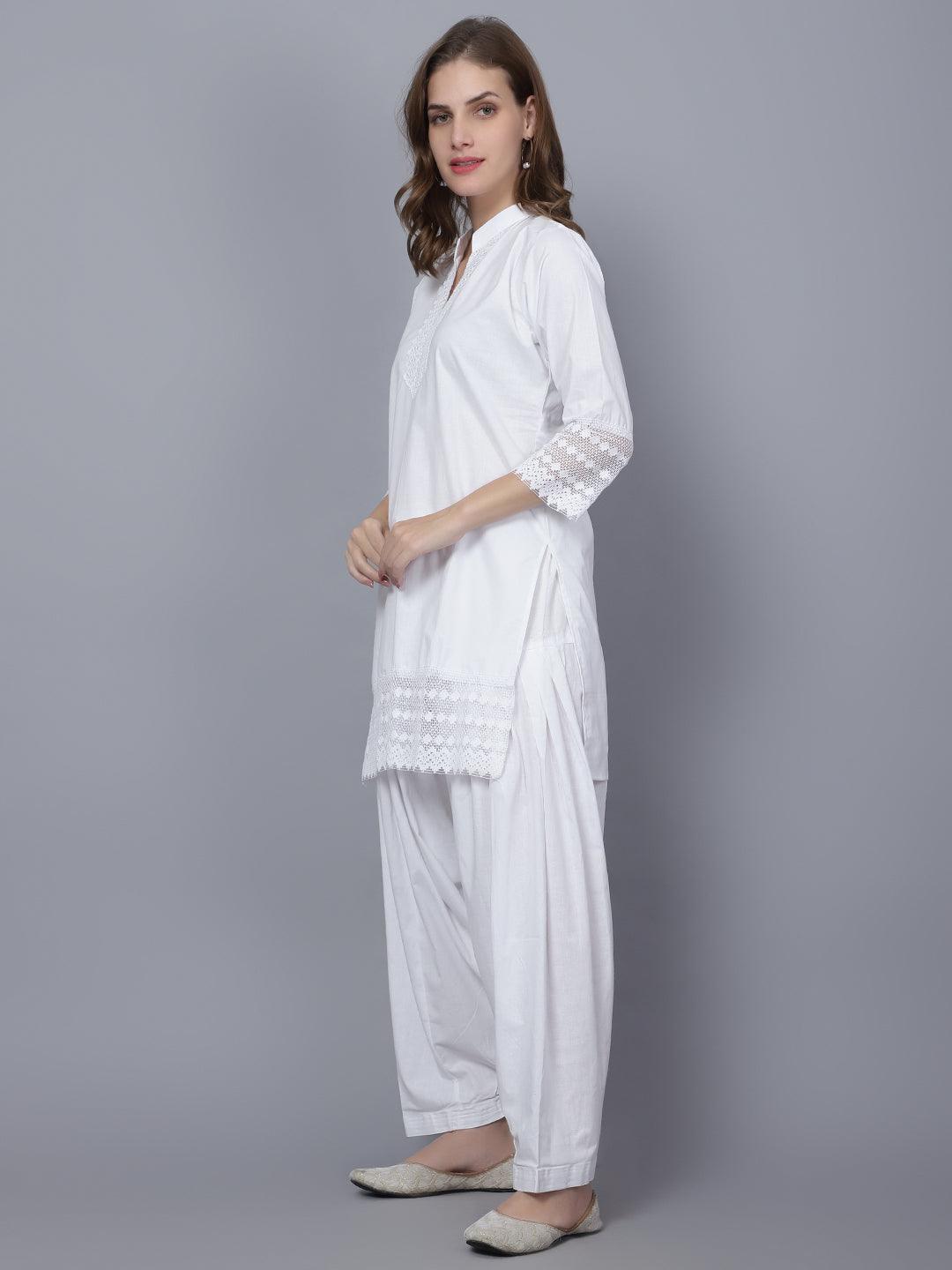 Trendzmy Women Apple Cut White Solid Print Pure Cotton Straight Kurta Set