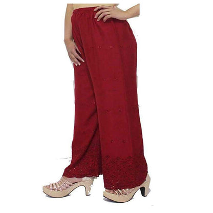 Singhania Woman's Maroon Reyon Chiken Embroidery Plazzo