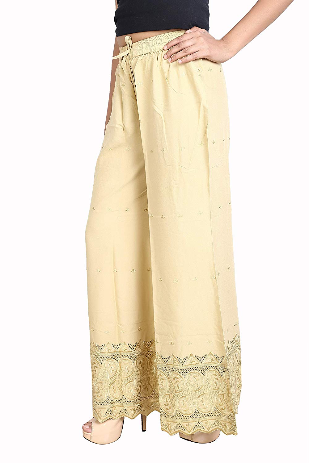 Singhania Woman's Cream Reyon Chiken Embroidery Plazzo