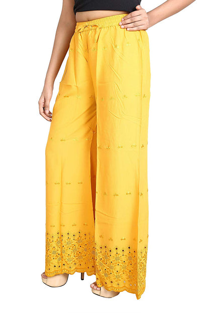 Singhania Woman's Yellow Reyon Chiken Embroidery Plazzo