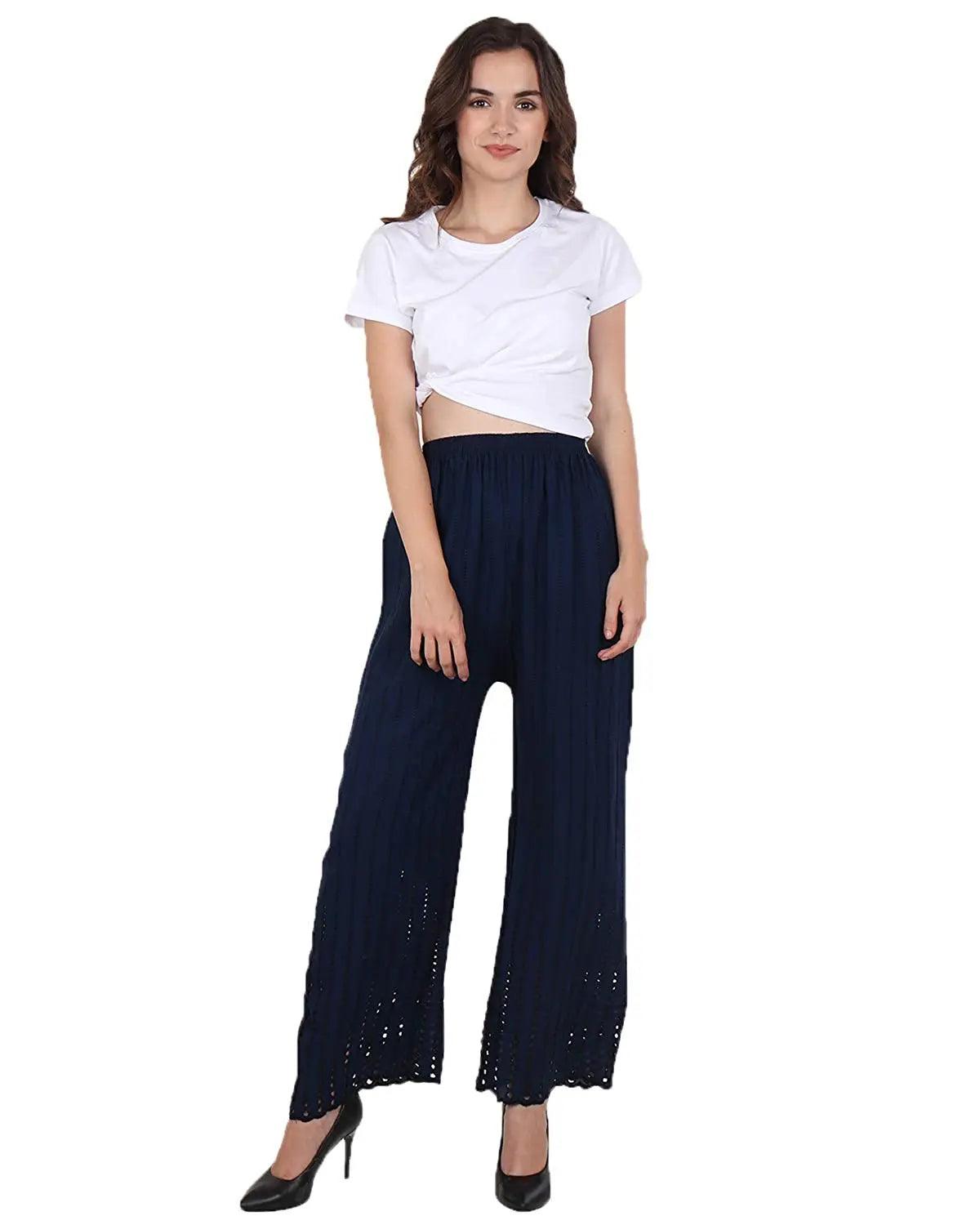 Singhania Women's Navy Chicken Rayon Palazzo Flaired Pants wrinkle free Default Title