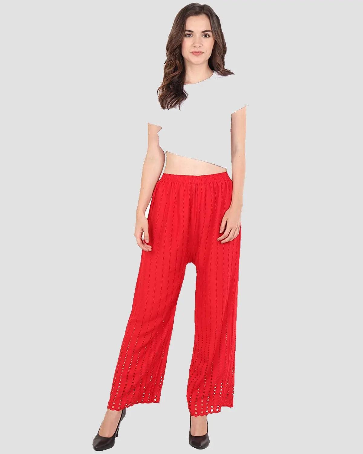 Singhania Women's Red Chicken Rayon Palazzo Flaired Pants wrinkle free Default Title