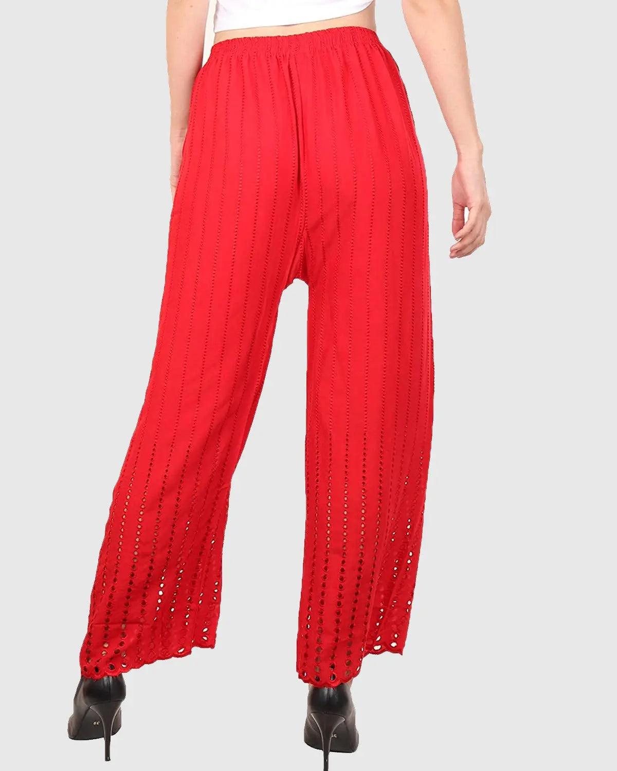 Singhania Women's Red Chicken Rayon Palazzo Flaired Pants wrinkle free