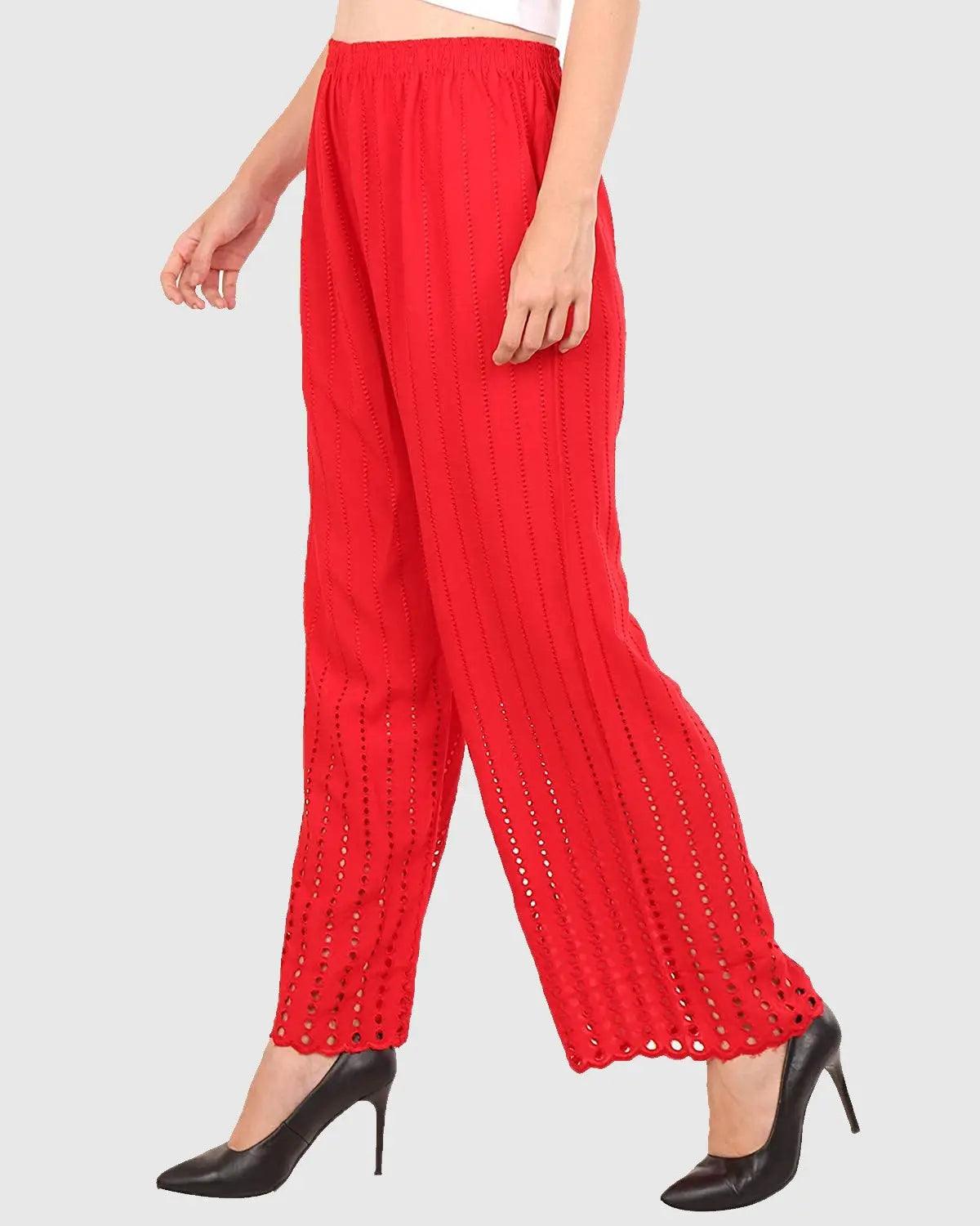 Singhania Women's Red Chicken Rayon Palazzo Flaired Pants wrinkle free