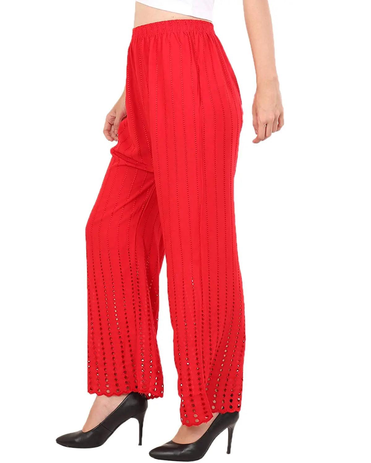 Singhania Women's Red Chicken Rayon Palazzo Flaired Pants wrinkle free