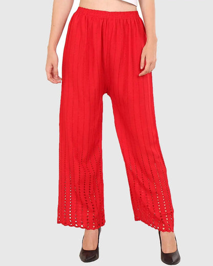 Singhania Women's Red Chicken Rayon Palazzo Flaired Pants wrinkle free