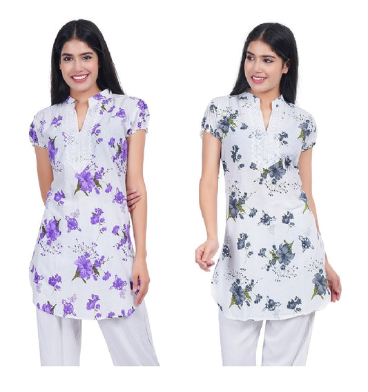 Trendzmy Women Purple Grey Printed Straight Kurta Pack Of 2