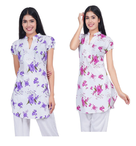 Trendzmy Women Purple Pink Printed Straight Kurta Pack Of 2