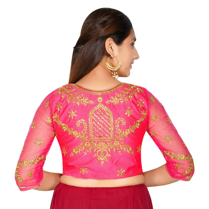 Trendzmy Round Neck Heavy Back Machine Embroidery Rani Pink Women Blouse