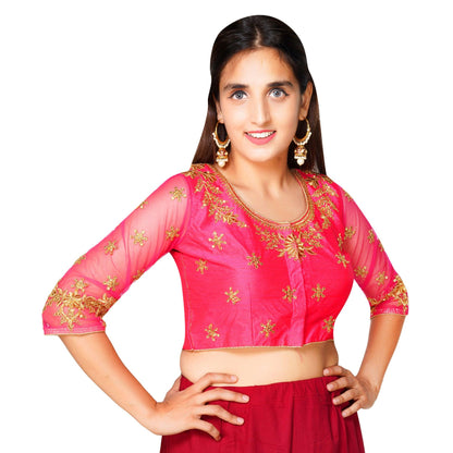 Trendzmy Round Neck Heavy Back Machine Embroidery Rani Pink Women Blouse