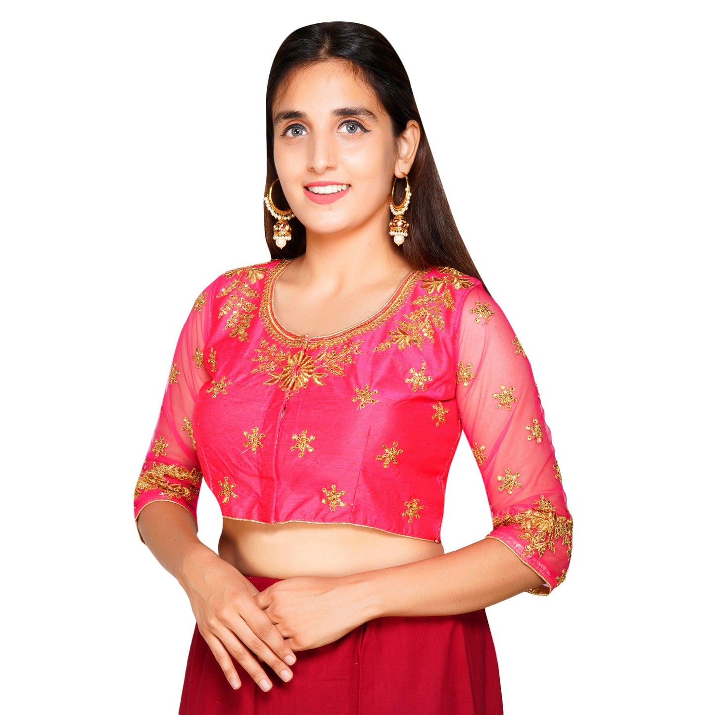 Trendzmy Round Neck Heavy Back Machine Embroidery Rani Pink Women Blouse