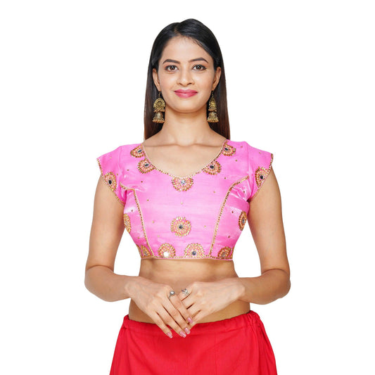 Trendzmy Designer Silk Work Mirror Pink Women Blouse Default Title